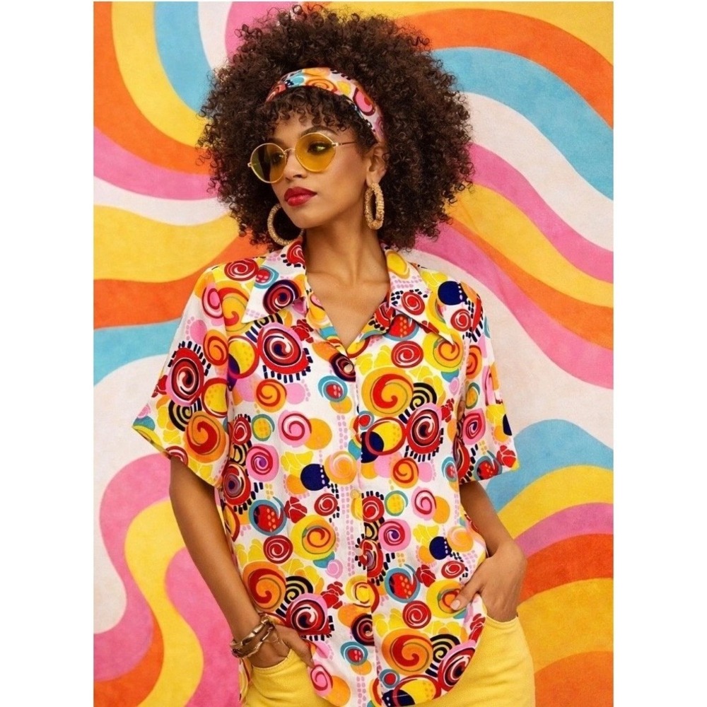 Retro Vintage Funky Blouse Top Short Sleeve 70s Large